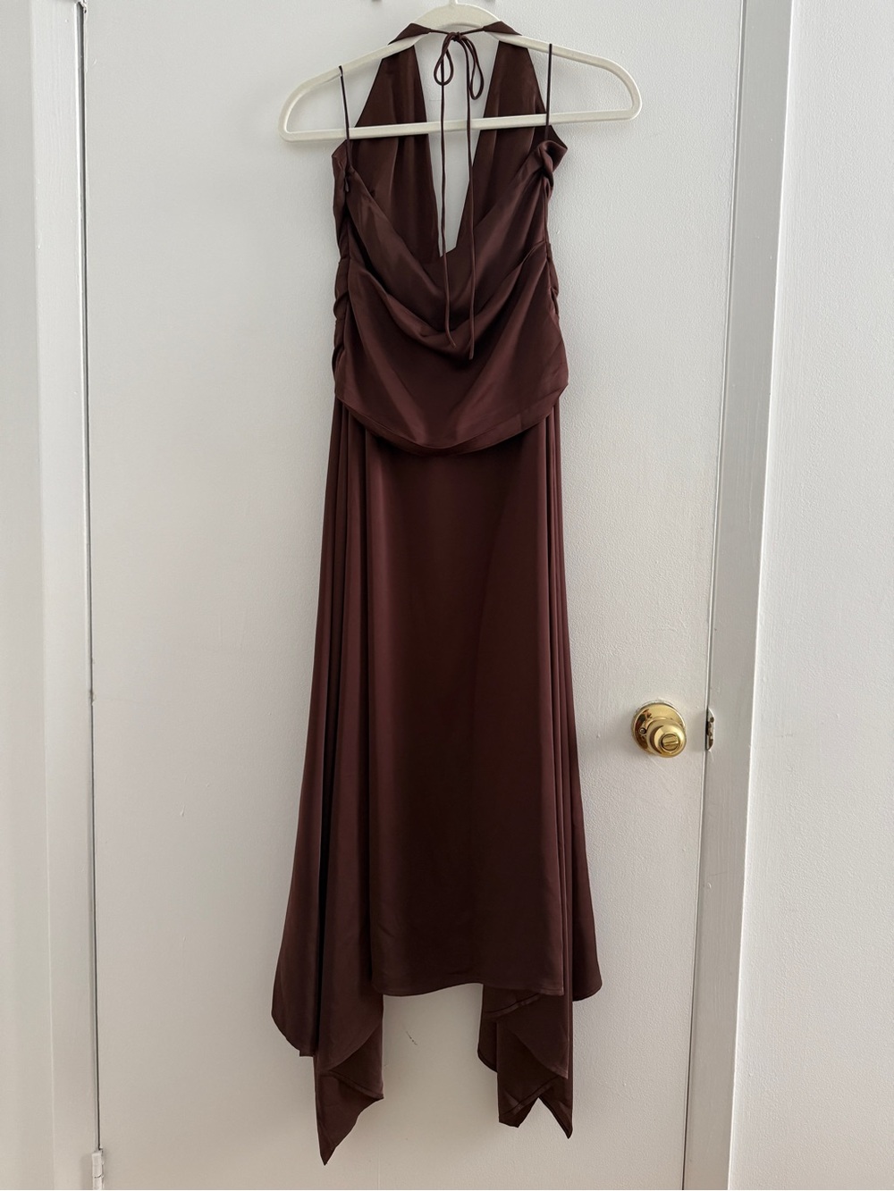 Meshki Cyra Plunge Halter Satin Midi Dress Dark Chocolate Size XS NWT - Picture 7 of 12